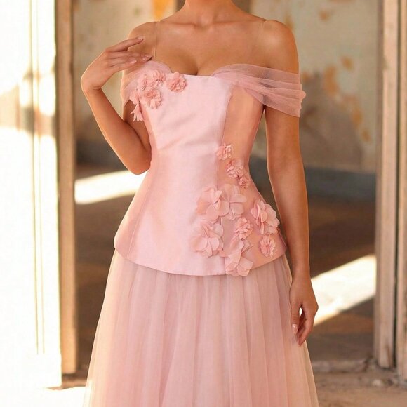 Pink Elegant Women's Satin Mesh Patchwork 3D Floral A-Line Evening Gown - Picture 6 of 6